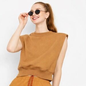 Wild Fable Cropped Crewneck Sweatshirt Camel Tan Boxy Fleece Pullover Size S